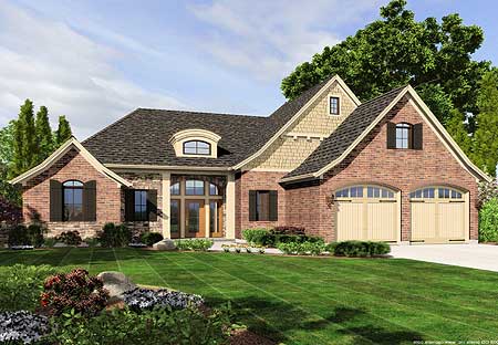 House plan exterior: Brick house with arched double garage doors, decorative gable accents, and arched window.