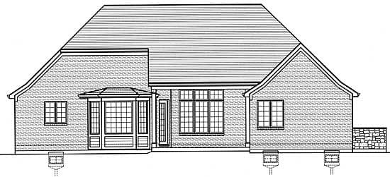 House plan side elevation drawing showing brick exterior, bay window, multi-pane windows, and hip roof.