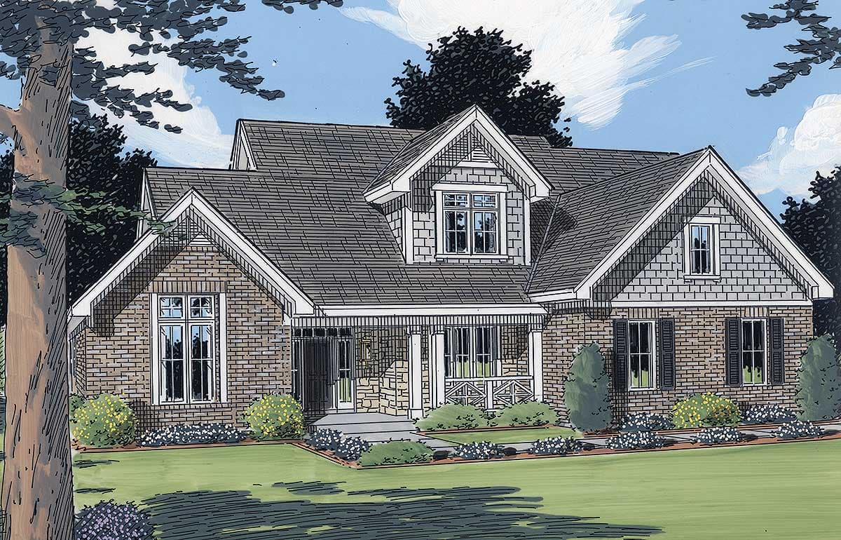 House plan exterior featuring brick and shingle siding, a gabled dormer, and a covered front porch with decorative railing.