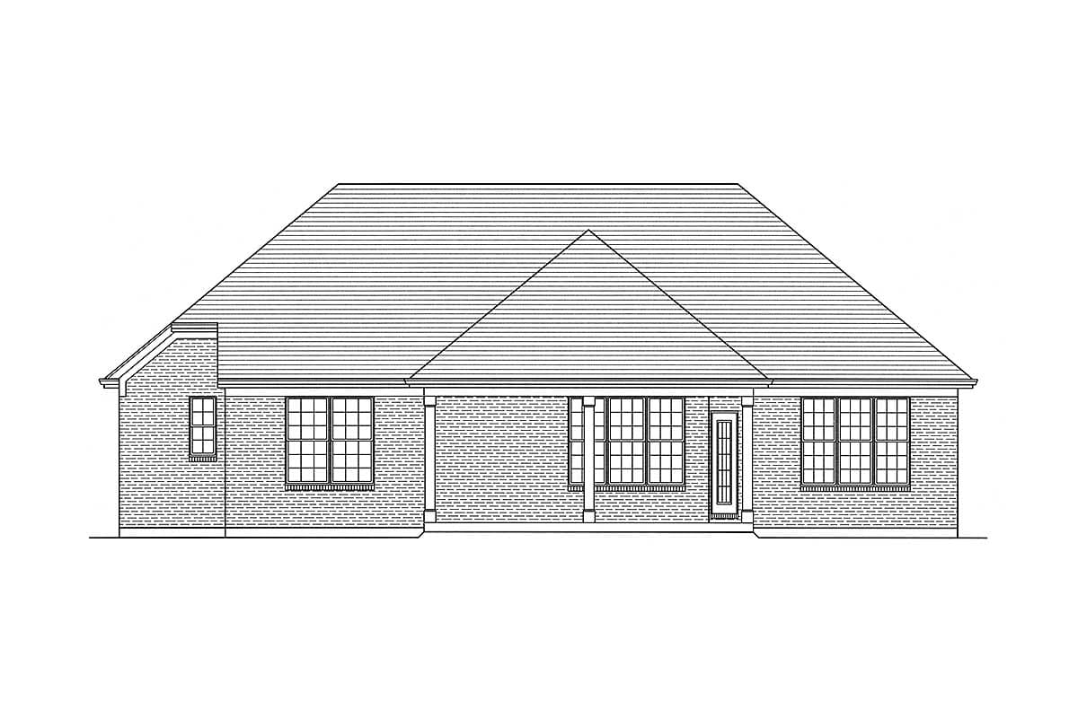 House plan exterior elevation drawing with a single-story ranch-style design, brick facade, and a large hip roof.