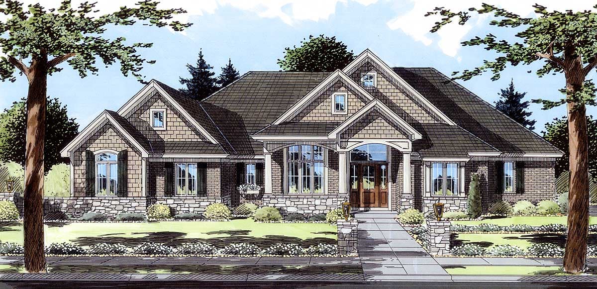 House plan exterior: Craftsman style, single-story with prominent gables, stone and brick facade, arched entryway, and wide eaves.