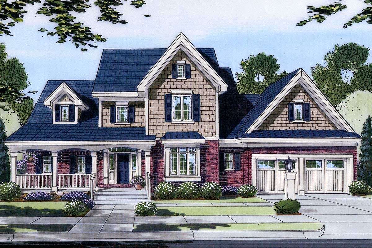 House plan exterior: Two-story home with front porch, dormers, gable rooflines, and a side-entry three-car garage.