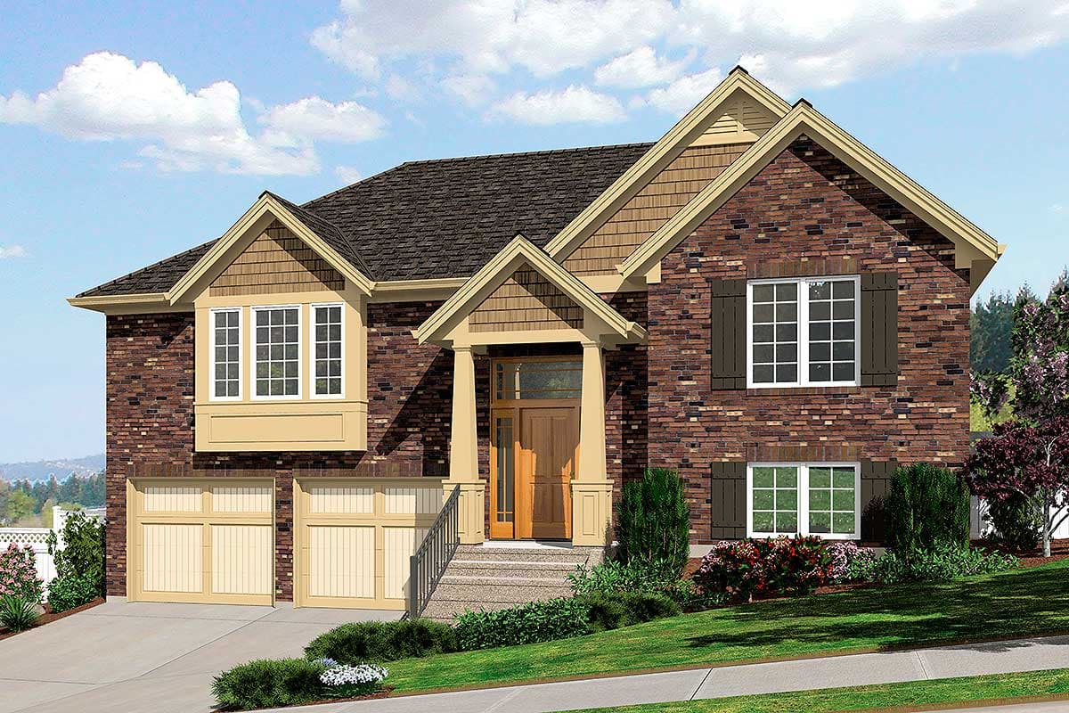 House plan exterior of a two-story brick home with a covered entry, bay window, and a two-car garage.