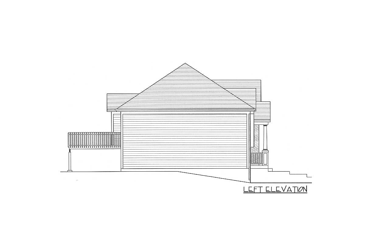Left elevation drawing of a house plan showing a gabled roof, siding, deck, porch with columns, and steps.