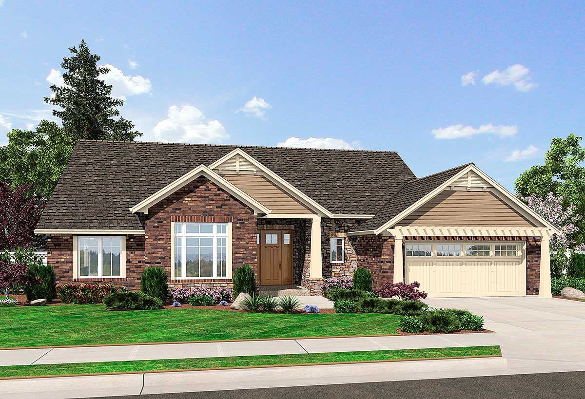 House plan exterior of a one-story home with brick facade, covered entry porch, and attached garage with decorative pergola.