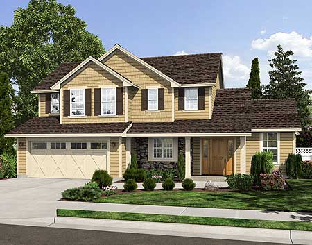 House plan exterior: Two-story home with stone accents, covered entry, multi-pane windows, and a three-car garage.