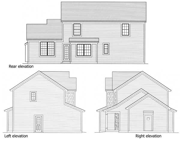 Rear, left, and right elevation drawings of a two-story house plan with varied rooflines and siding.