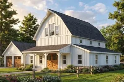 Charming Three Bedroom Farmhouse House Plan with Attached Two Car Garage