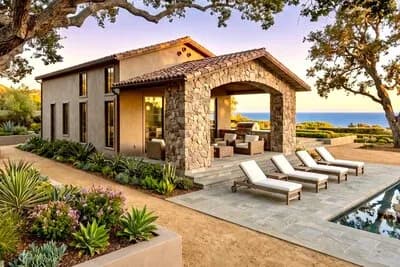 Contemporary Adobe Pool House Plan with Outdoor Kitchen and 836 Square Feet