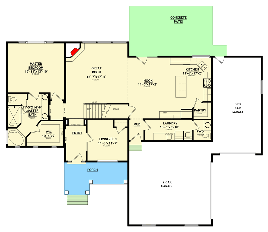 Plan 849135PGE: Traditional Craftsman House Plan with Five Bedrooms and Three-Car Garage - Floor Plan - Main Level - Craftsman, European, Traditional