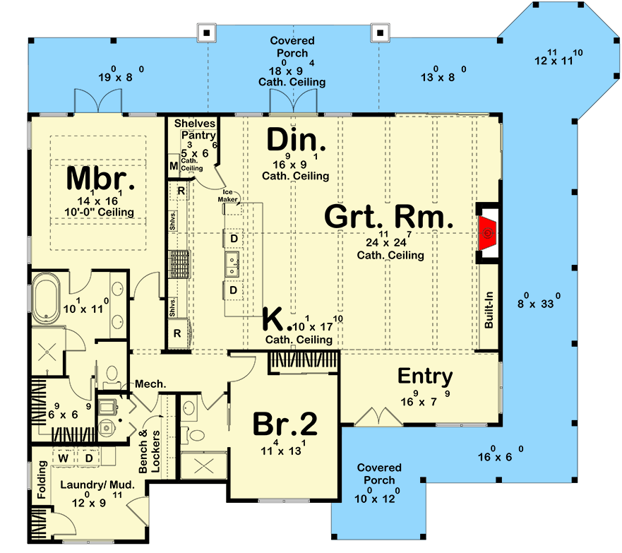 Plan 623660DJ: Charming Beach Cottage House Plan with Wraparound Porch and Two Bedrooms - Floor Plan - Main Level - Slab/Crawl Option - Beach, Cottage, Country
