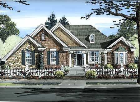 House plan exterior: Brick home with stone accents, gabled roof, covered entry porch, arched dormer, and bay windows.