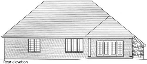 Rear elevation drawing showing brick exterior, dual pane windows, and French doors with a stone accent.
