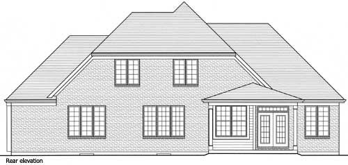 Rear elevation drawing of a house plan featuring a gabled roof, brick facade, multiple windows, and a covered entry with double doors.