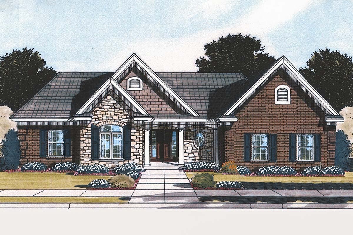 House plan exterior: Single-story brick home with stone accents, prominent gables, arched windows, and covered entry.