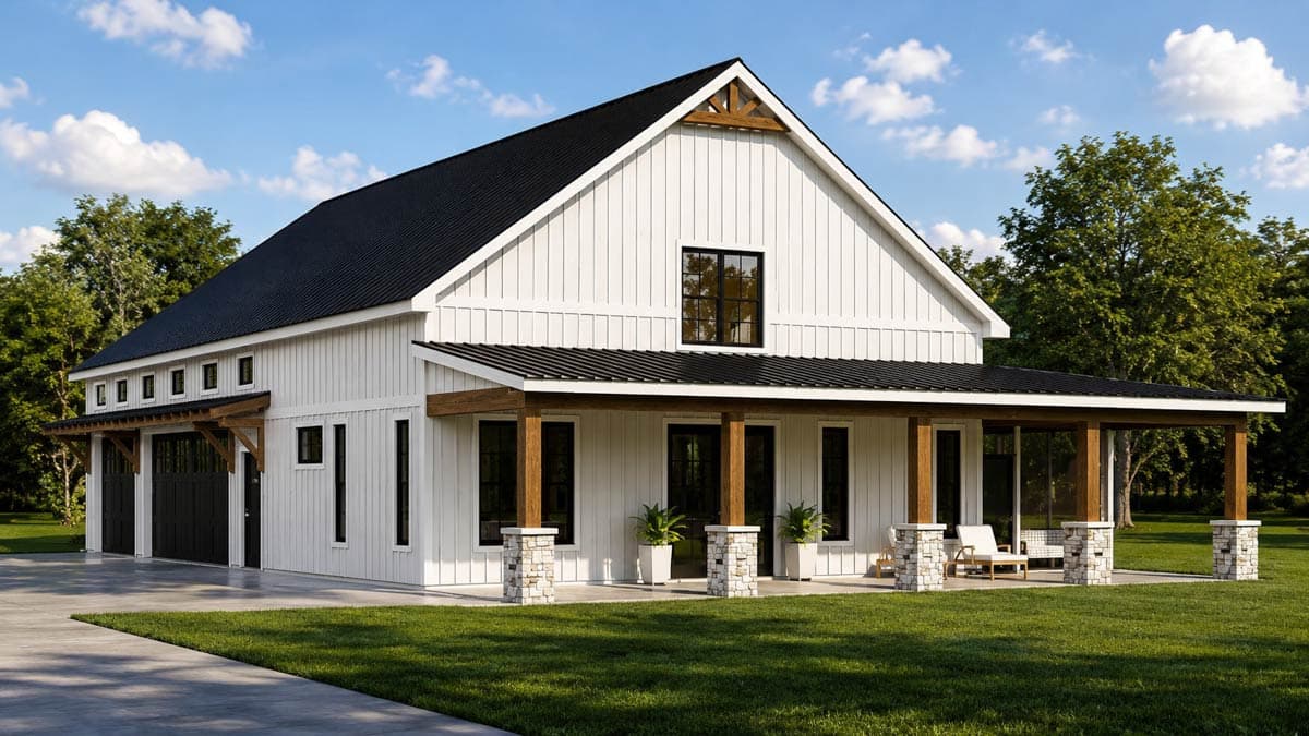 Plan 135454GRA: Charming Barndominium House Plan with 2 Bedrooms and Spacious 3-Car Garage - Image #2 - Barndominium, Country, Craftsman, Farmhouse
