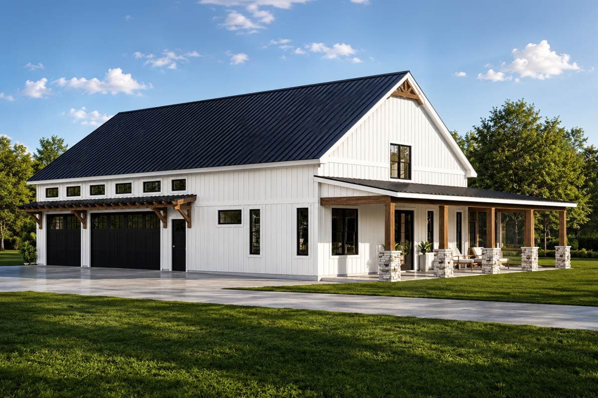 Charming Barndominium House Plan with 2 Bedrooms and Spacious 3-Car Garage