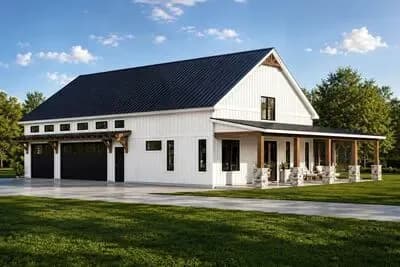 Charming Barndominium House Plan with 2 Bedrooms and Spacious 3-Car Garage