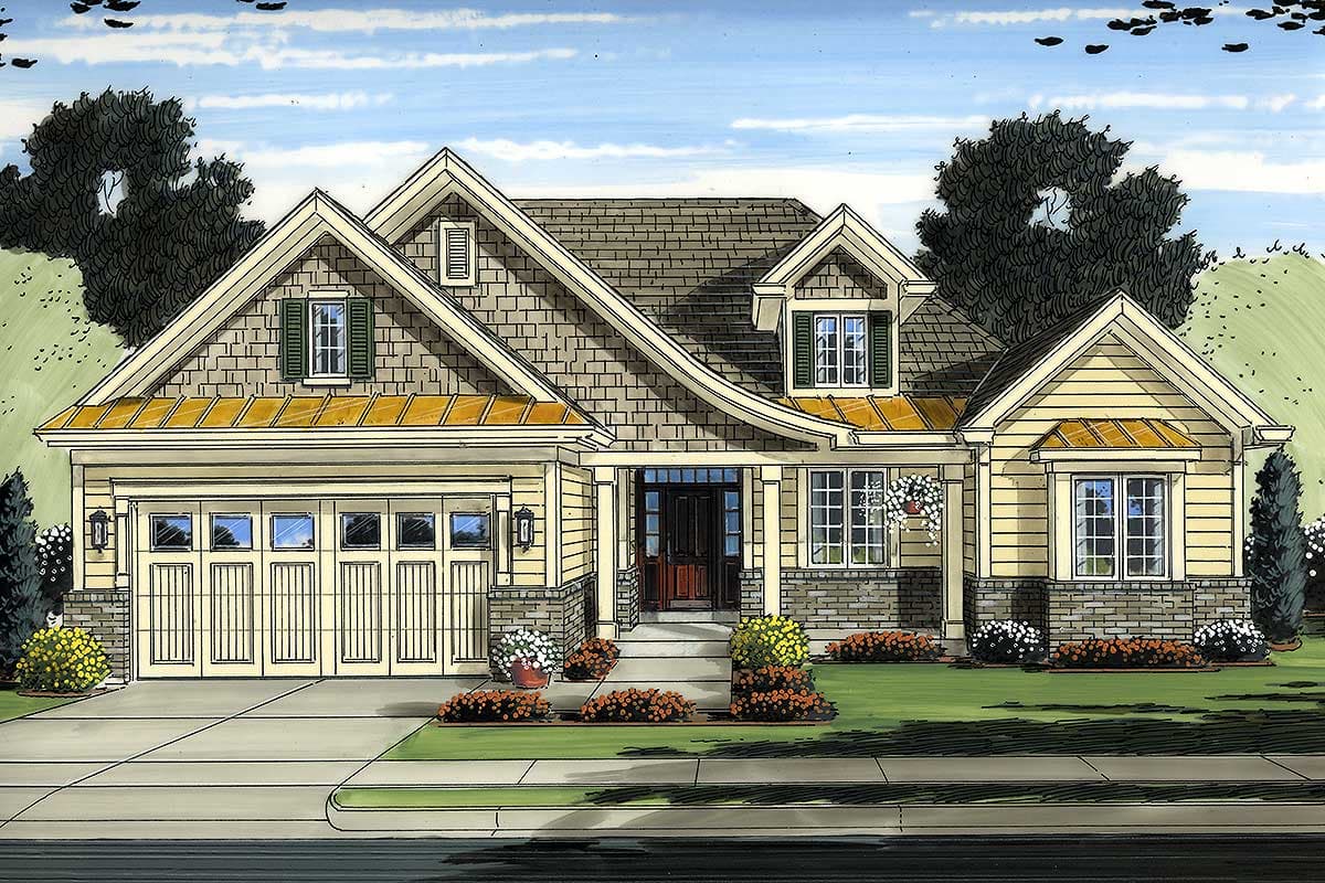 House plan exterior: Craftsman style, one-story with prominent gables, stone accents, and a three-car garage.