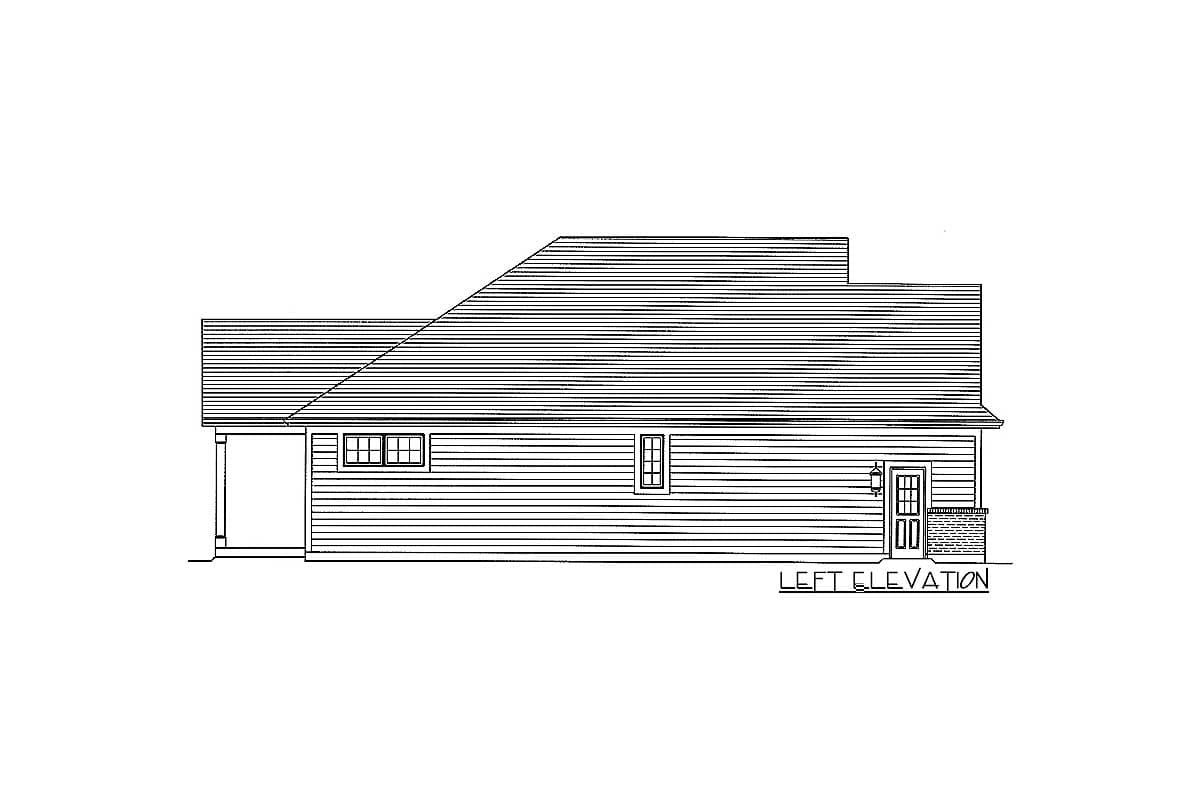 Left elevation of a house plan showing a single story with hip roof, front door, garage entrance, and horizontal siding.