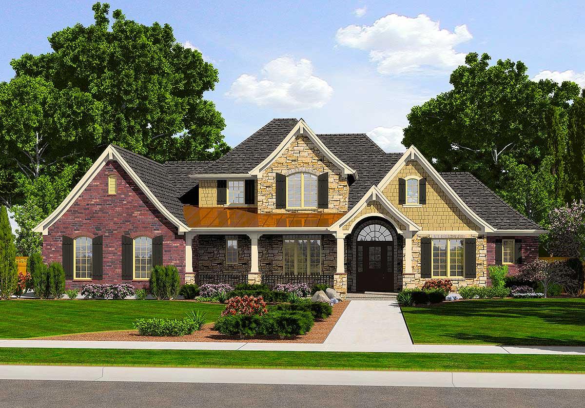 House plan exterior: Two-story home with brick and stone facade, gables, dormers, and covered front porch.