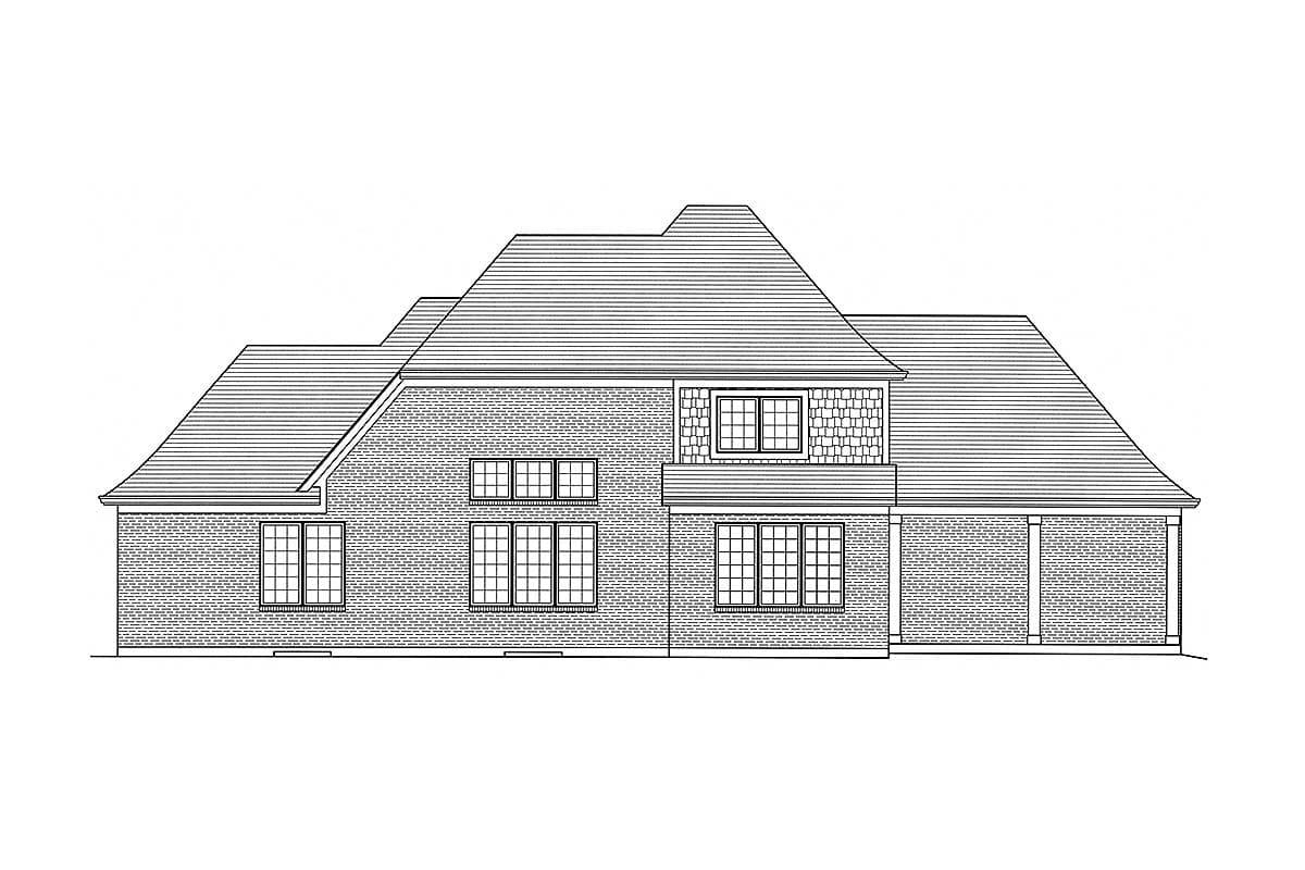 House plan side elevation drawing with brick facade, multi-level rooflines, and various window arrangements.