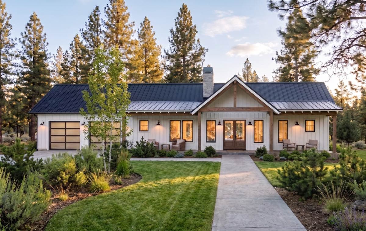 Plan 470321REY: 3-Bedroom Modern Farmhouse Ranch Home Plan with Drive-Thru Garage - Image #1 - Barndominium, Country, Craftsman, Modern Farmhouse, New American, Ranch