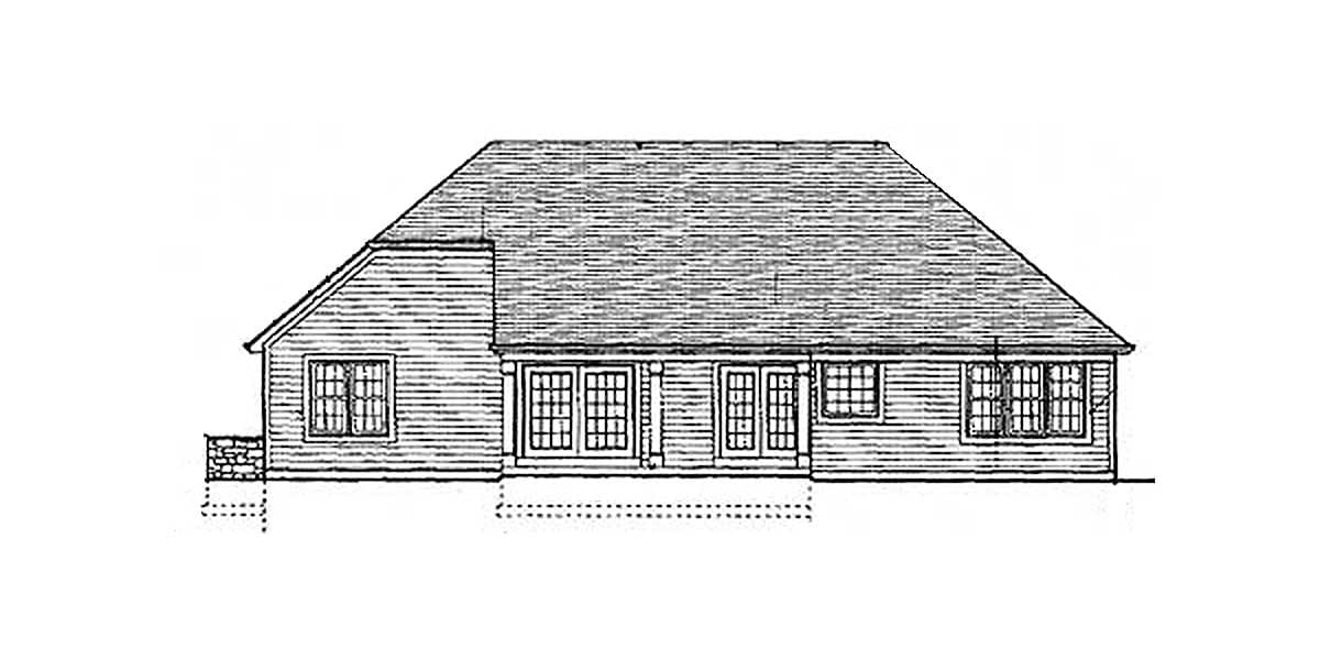 House plan exterior drawing of a one-story home with a hip roof, chimney, and multiple windows and French doors.