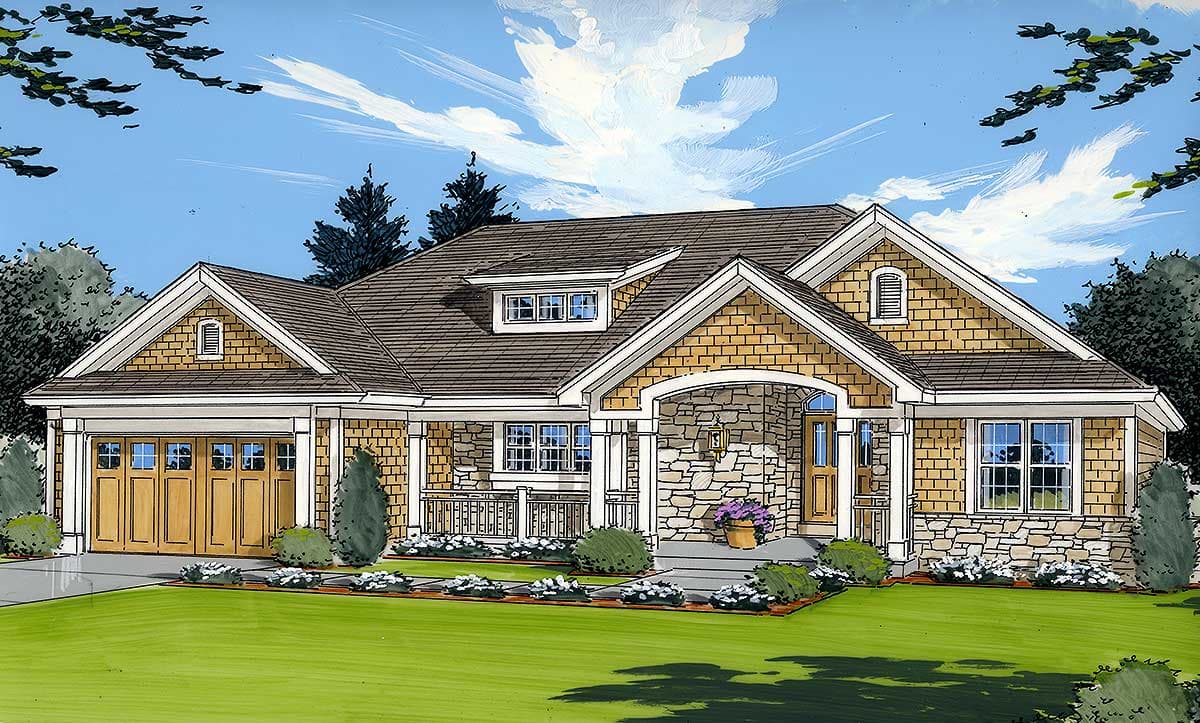 House plan exterior: Craftsman style, one-story, stone-accented entrance, gabled dormer, and attached two-car garage.