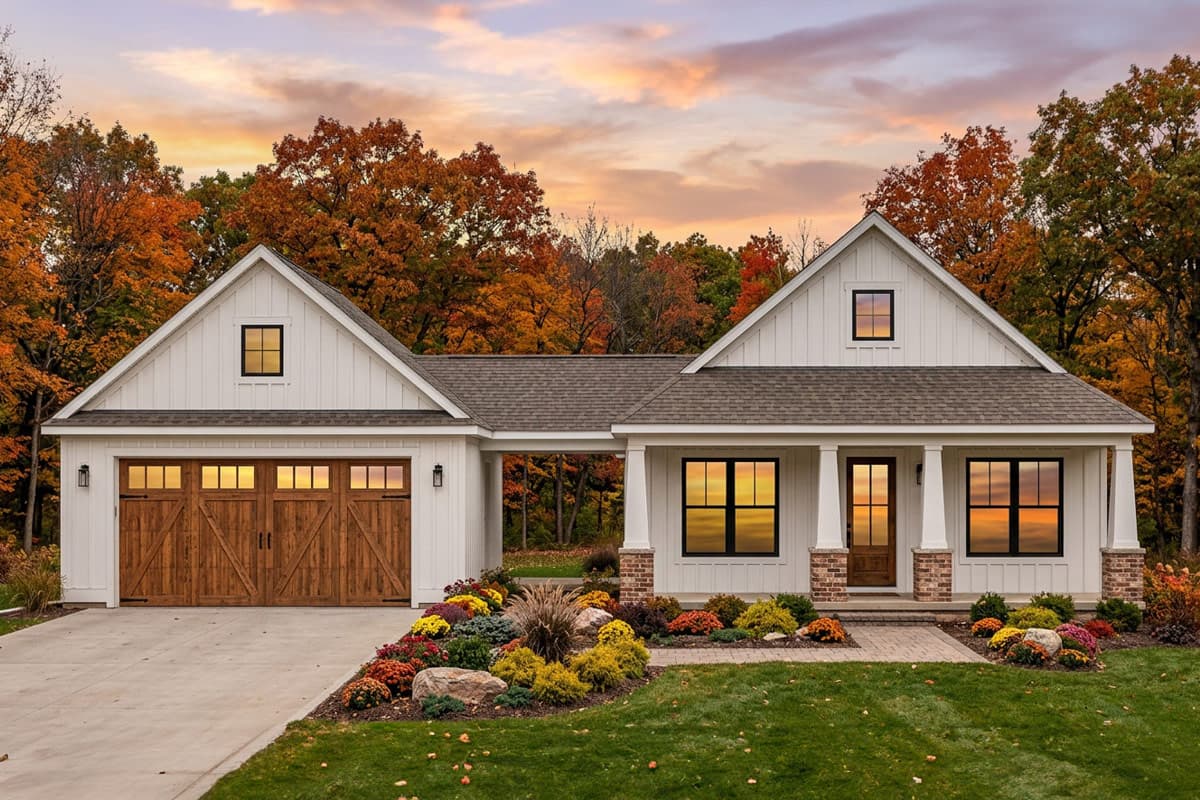 Plan 818217JSS: Farmhouse Cottage House Plan with 3 Bedrooms and Front-Entry Garage - Image #1 - Cottage, Country, Farmhouse