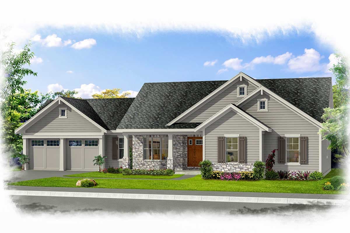 House plan exterior. Ranch style with multiple gables, a covered porch with stone columns, and a two-car garage with dormers.