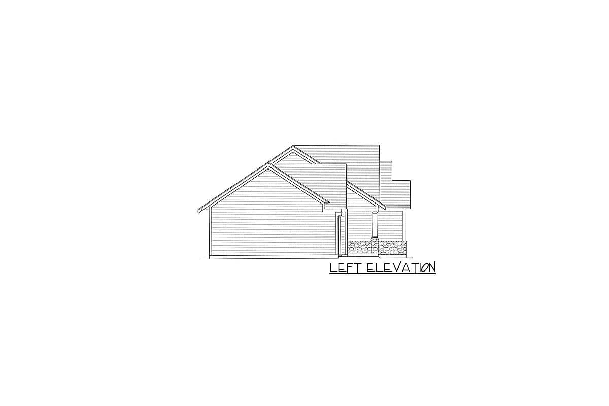 Left elevation house plan with a prominent gable roof, siding, and a covered porch with stone accents.