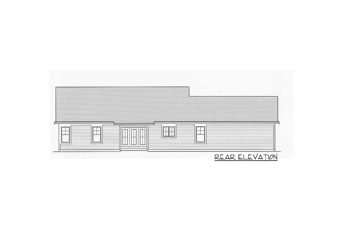 Rear elevation drawing of a house plan showing a long rectangular roofline, double doors, and multiple windows.
