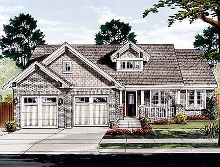House plan exterior: Two-story Craftsman with a two-car garage, prominent gables, shingle siding, and a covered front porch.
