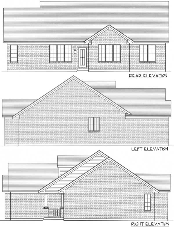 Architectural house plan elevations: rear, left, and right views showing brick facade, pitched rooflines, and a covered front porch.