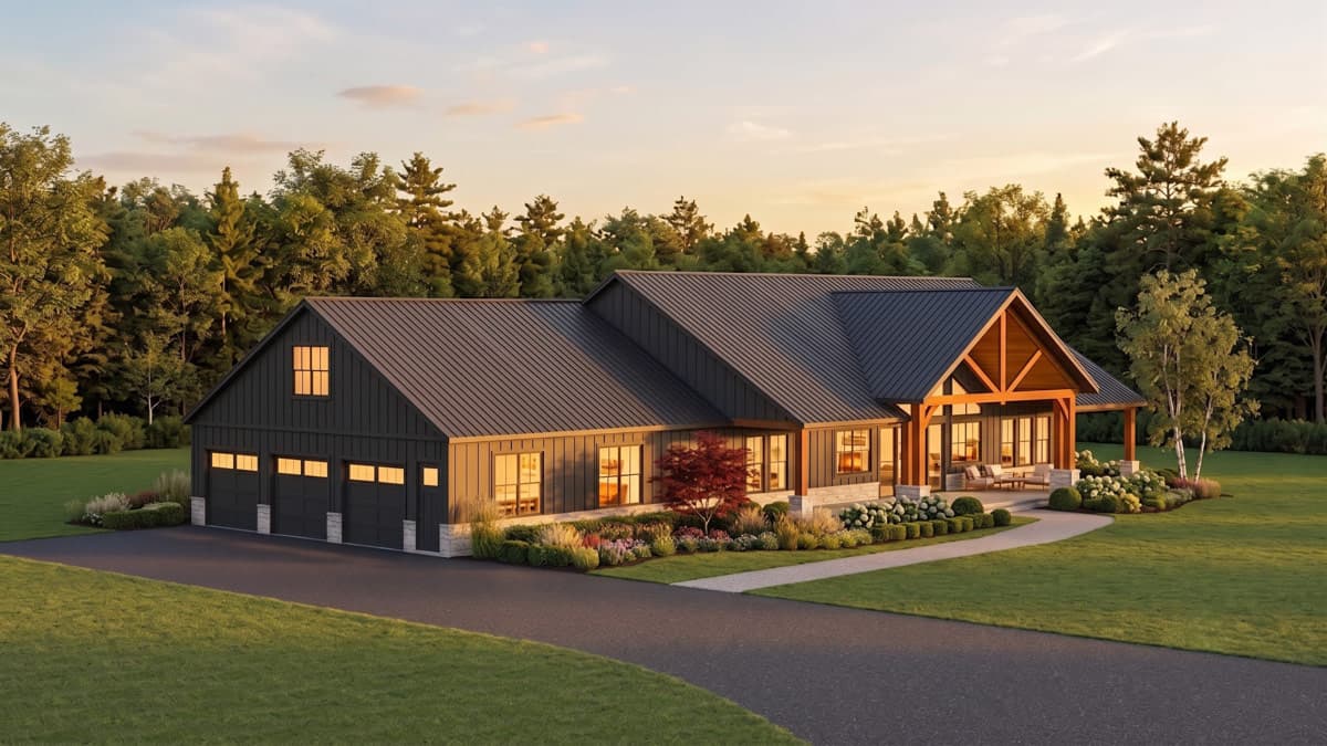 Plan 911077JVD: Modern Ranch Farmhouse Plan with 3 Bedrooms and 3-Car Garage - Image #2 - Barndominium, Country, Craftsman, Modern Farmhouse, Ranch, Traditional