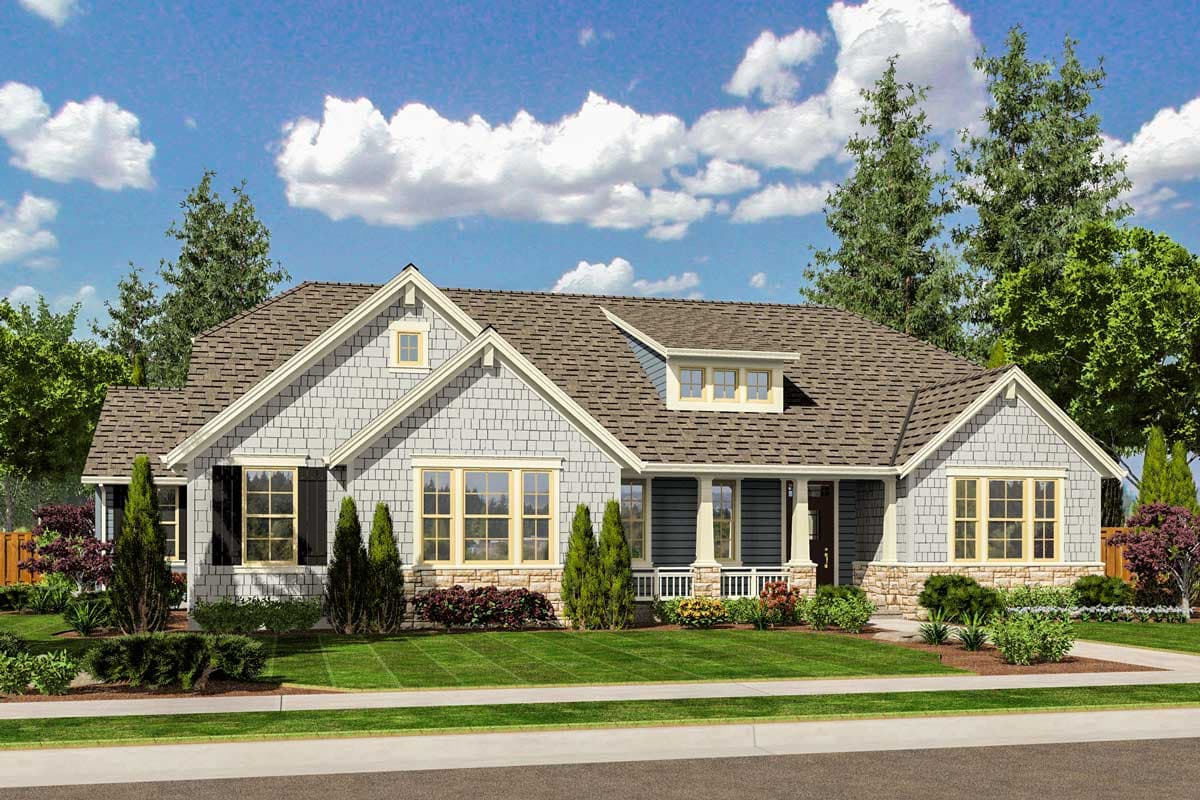 House plan exterior: One-story Modern Farmhouse with gabled dormer, covered front porch, and stone and shingle siding.