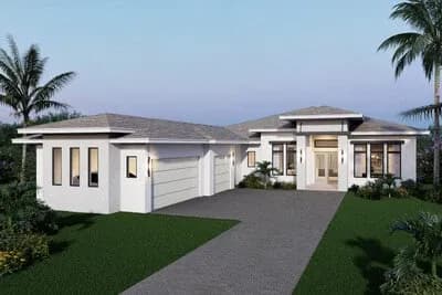 Contemporary Florida-Style House Plan with Four Bedrooms and Three-Car Garage