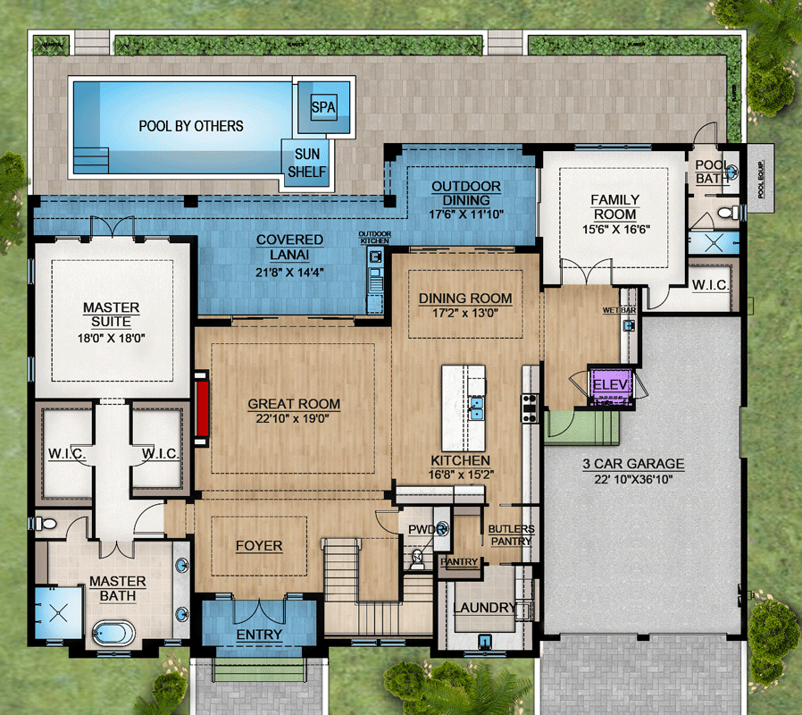 Plan 65794BS: Coastal Florida Style House Plan with 5 Bedrooms and Elevator - Floor Plan - Main Level - Coastal, Florida-Style