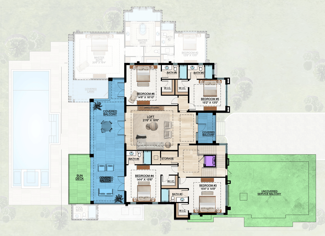 Plan 65795BS: Contemporary Florida Style House Plan with 6 Bedrooms and Rooftop Deck - Floor Plan - 2nd Level - Contemporary, Florida-Style, Modern