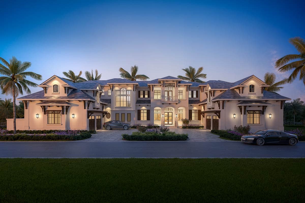 Plan 65796BS: Luxury Coastal Contemporary House Plan with 6 Bedrooms and Courtyard Garage - Image #1 - Coastal, Coastal Contemporary