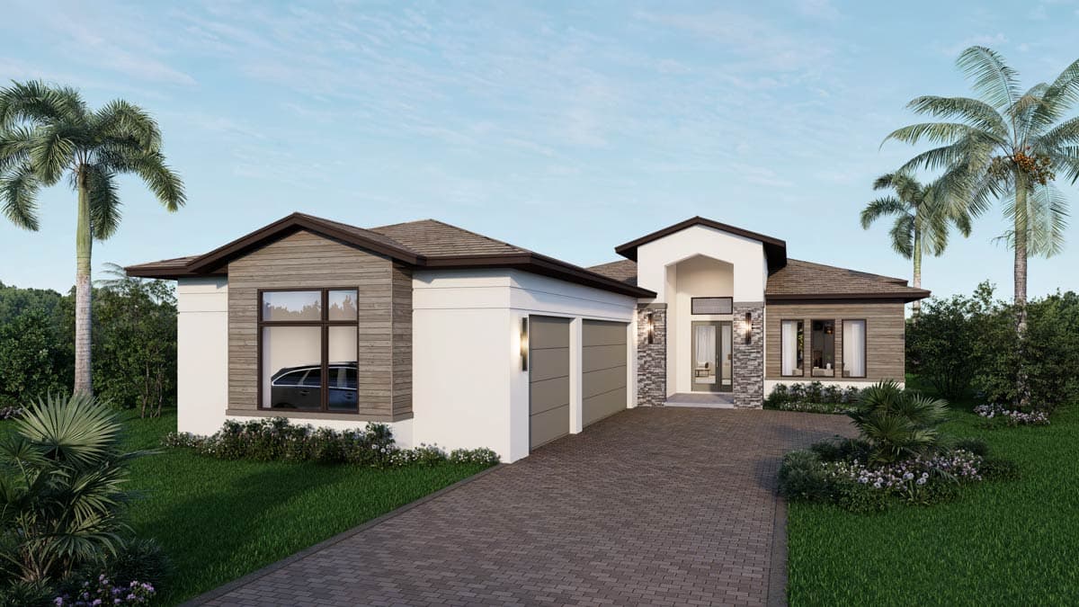 Plan 65804BS: Contemporary Florida Style House Plan with 3 Bedrooms and 3-Car Garage - Image #2 - Contemporary, Florida-Style, Modern