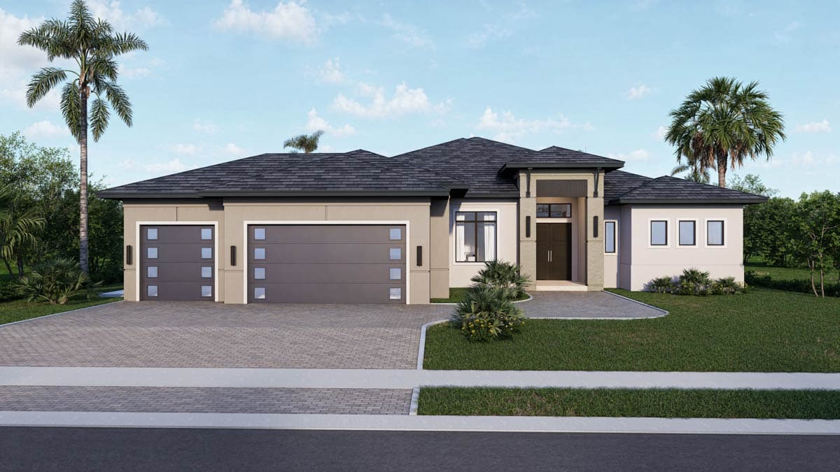 Plan 65807BS: Contemporary Coastal House Plan with Four Bedrooms and Three-Car Garage - Image #1 - Coastal, Contemporary, Florida-Style