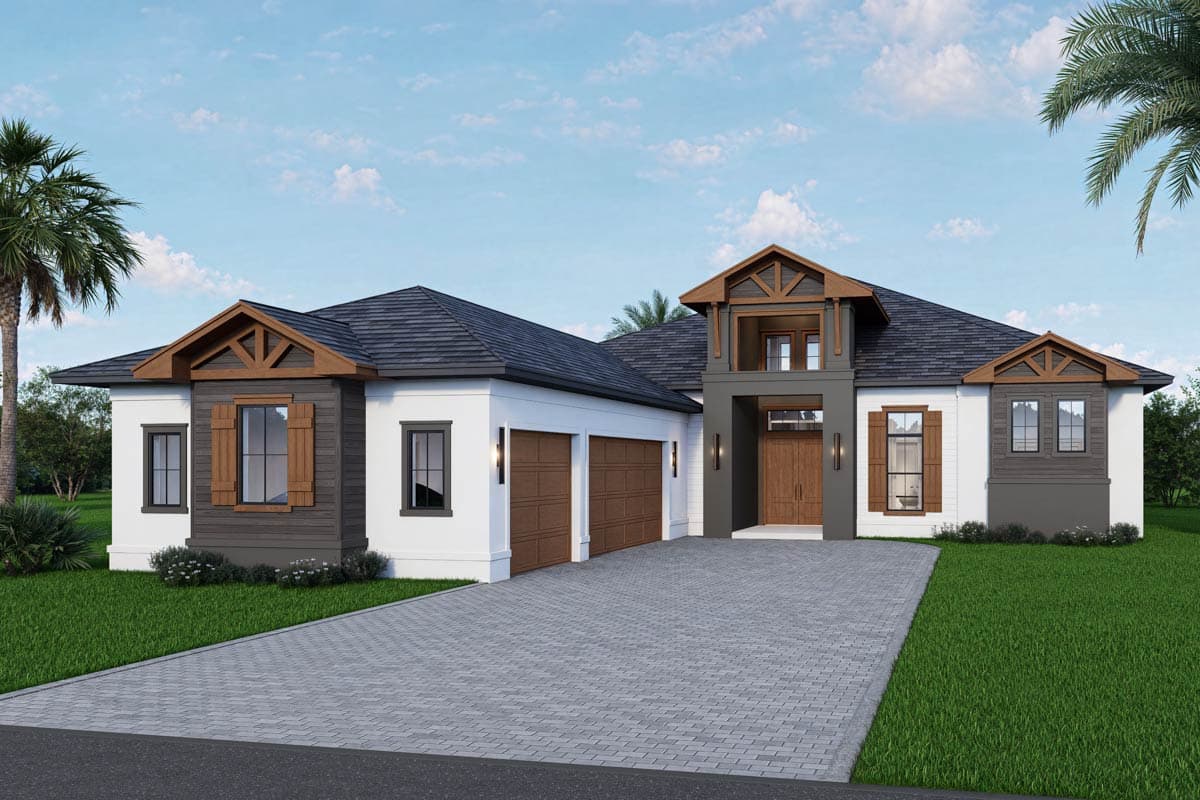 Plan 65809BS: Modern Florida House Plan with 4 Bedrooms and Courtyard Garage - Image #1 - Contemporary, Florida-Style, Modern