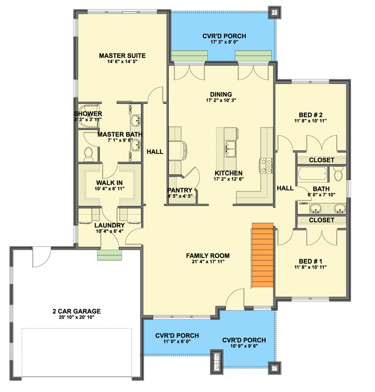 Plan 61766UT: Craftsman Ranch House Plan with Three Bedrooms and Two-Car Garage - Floor Plan - Main Level - Craftsman, Ranch