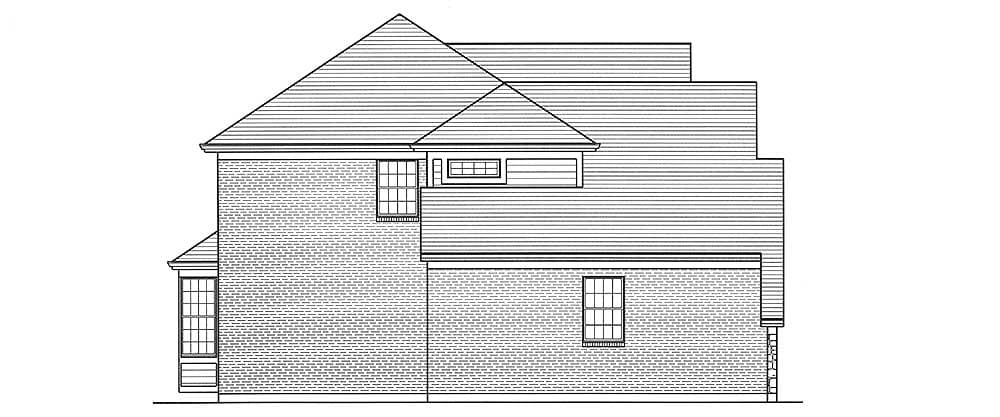 House plan side elevation: brick exterior, multiple rooflines, bay window, and rectangular window.