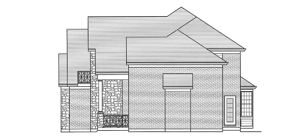 House plan elevation drawing showing a side view with brick and stone exterior, multiple gables, and a bay window.