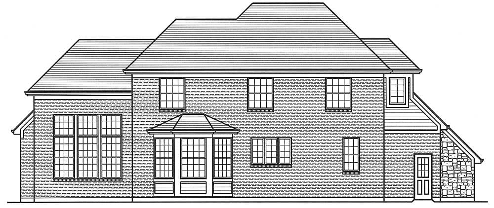 House plan exterior drawing of a two-story brick home with a bay window, multiple gables, and a stone-clad entryway.