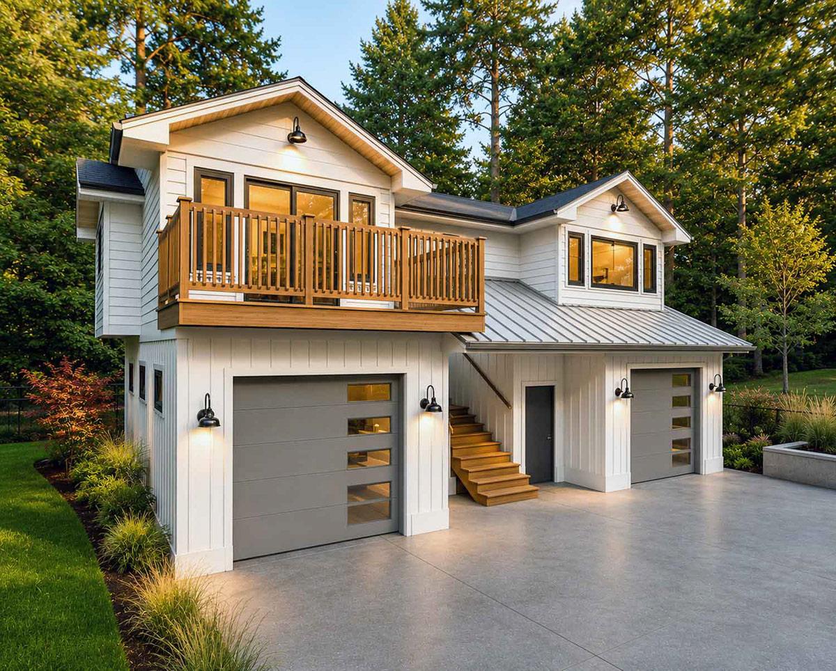 Plan 147075RML: Modern Farmhouse Carriage House Plan with Two Bedrooms and Workshop - Image #2 - Carriage, Modern Farmhouse, New American, Northwest, Vacation