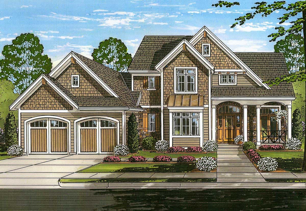 House plan exterior showing a two-story home with a three-car garage, gables, arched windows, and a covered front porch.